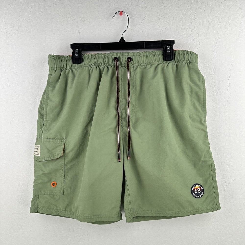 Tokyo Laundry‎ Swim Trunks Men’s Green Orange Lined Pockets Size Large 7” Inseam